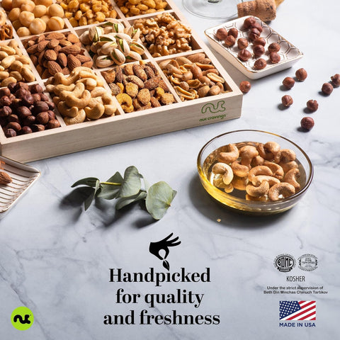 Gourmet  Treats - Mixed Nuts Gift Basket in Reusable Wooden Tray + Green Ribbon (12 Assortments)
