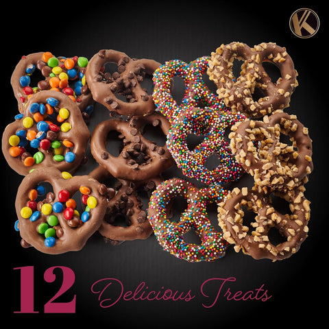 Creamy Chocolate Cravings -  Chocolate Covered Pretzel Twists Gift Basket, in Brown Gift Box (12 Pretzels, Assorted Sweet Toppings)
