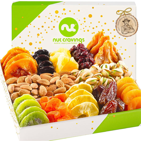 Gourmet  Treats - Dried Fruit & Mixed Nuts Gift Basket in White Gold Box (12 Assortments)
