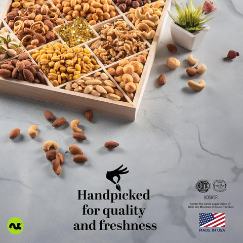 Gourmet  Treats - Mixed Nuts Gift Basket in Reusable Diamond Wooden Tray + Green Ribbon (12 Assortments)