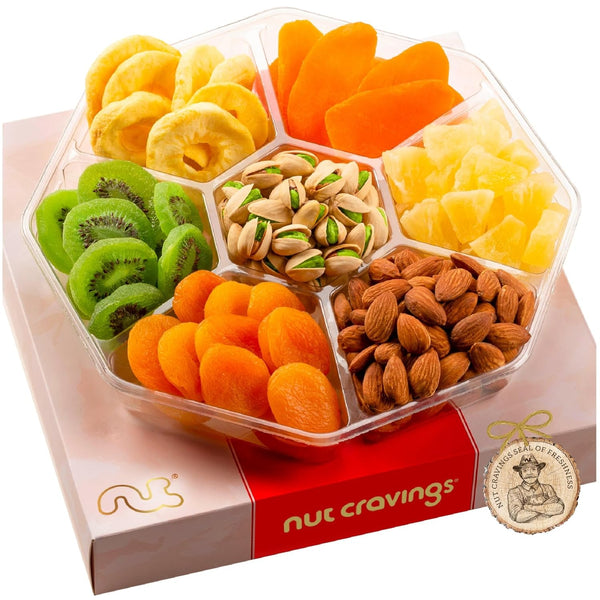 Gourmet  Treats - Dried Fruit & Mixed Nuts Gift Basket in Red Box (7 Assortments, 1 LB)
