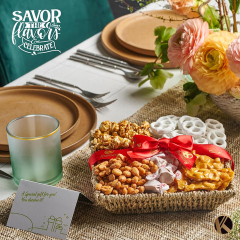 Creamy Chocolate Cravings -  Chocolate Covered Pretzels & Caramel Popcorn Gift Basket, in Seagrass Tray + Ribbon (Classic, 1.5 lbs)