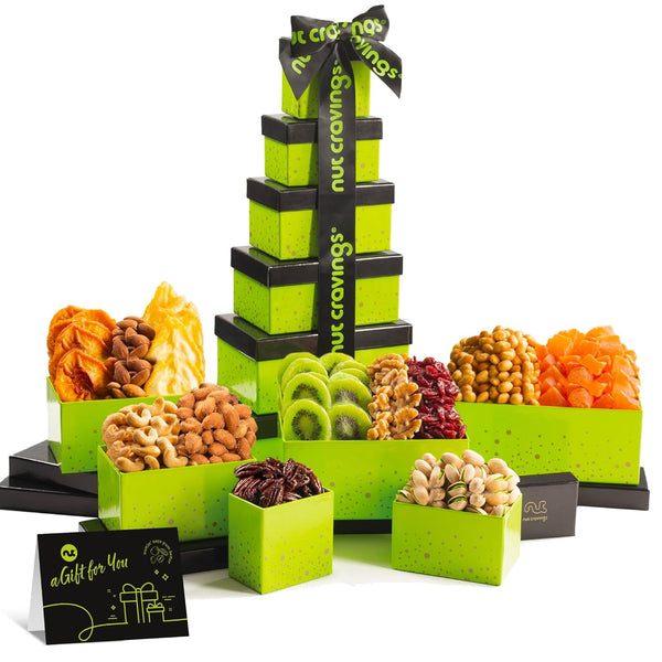 Gourmet  Treats - Dried Fruit & Mixed Nuts Gift Basket in Black Tower + Ribbon (12 Assortments)
