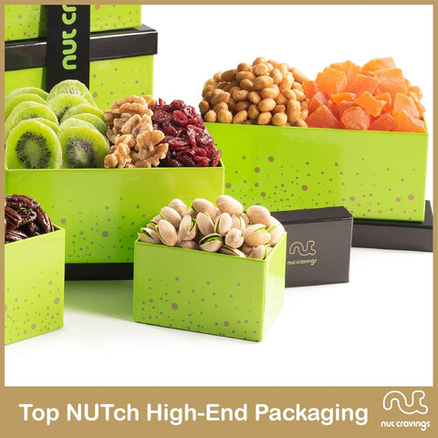 Gourmet  Treats - Dried Fruit & Mixed Nuts Gift Basket in Black Tower + Ribbon (12 Assortments)