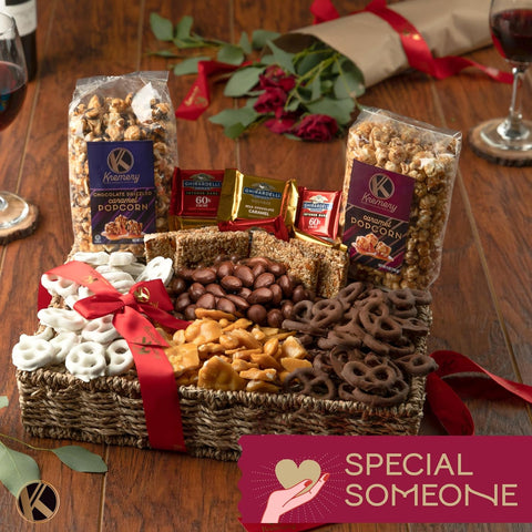 Creamy Chocolate Cravings - Covered Pretzels & Caramel Popcorn Gift Basket, in Seagrass Tray + Ribbon (Deluxe, 3.5 lbs)