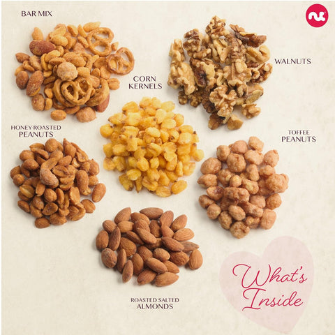 Gourmet  Treats - Mixed Nuts Heart Shaped Gift Basket, Love in A Box (6 Assortments)