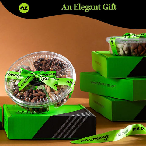 Gourmet  Treats - Mixed Nuts Gift Basket + Green Ribbon (4 Assortments)