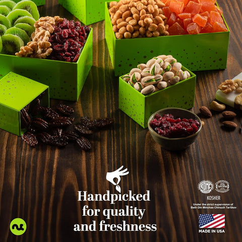 Gourmet  Treats - Dried Fruit & Mixed Nuts Gift Basket in Black Tower + Ribbon (12 Assortments)