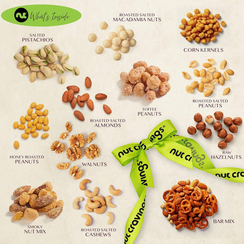 Gourmet  Treats - Mixed Nuts Gift Basket in Reusable Wooden Tray + Green Ribbon (12 Assortments)
