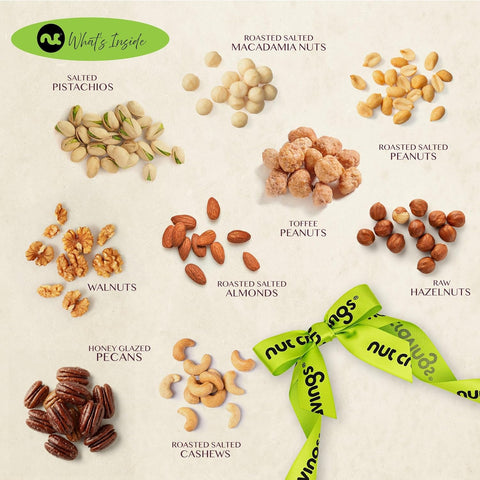 Gourmet  Treats - Mixed Nuts Gift Basket in White Gold Box (9 Assortments)