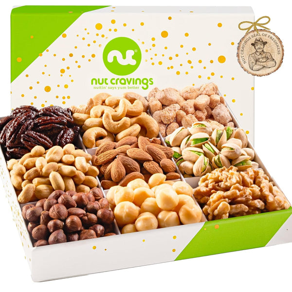 Gourmet  Treats - Mixed Nuts Gift Basket in White Gold Box (9 Assortments)