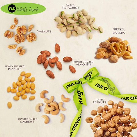 Gourmet  Treats - Mixed Nuts Gift Basket + Green Ribbon (7 Assortments, 1 LB)