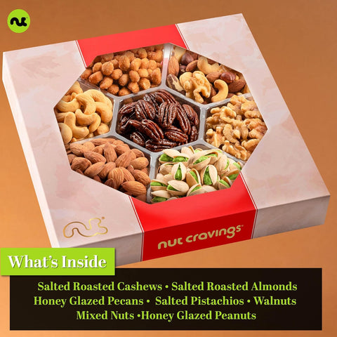 Gourmet  Treats - Mixed Nuts Gift Basket in Red Gold Box (7 Assortments, 1 LB)