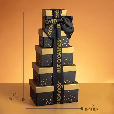Gourmet  Treats - Dried Fruit & Mixed Nuts Gift Basket, in Black Tower + Ribbon (8 Assortments)