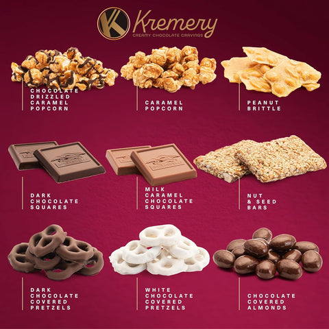 Creamy Chocolate Cravings -  Chocolate Covered Pretzels & Caramel Popcorn Gift Basket, in Seagrass Tray + Ribbon (Premium, 2.5 lbs)