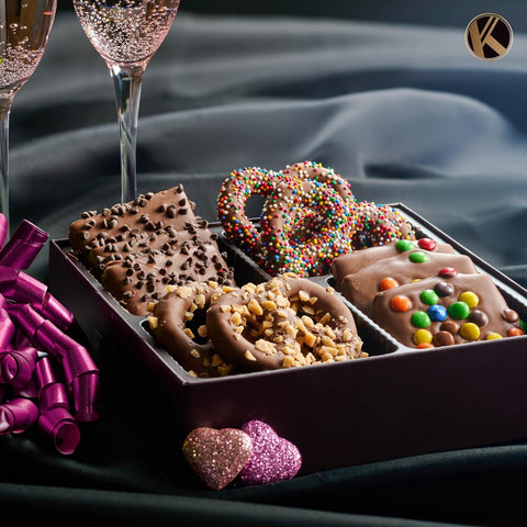 Creamy Chocolate Cravings -  Chocolate Covered Pretzel Twists & Grahams Cookies Gift Basket, in Brown Gift Box (12 Count, Assorted Sweet Toppings)