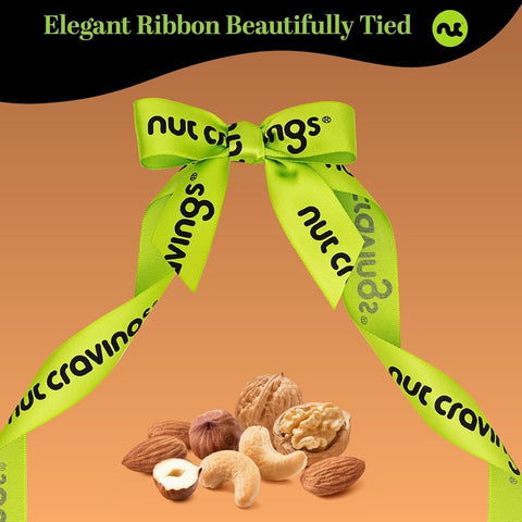 Gourmet  Treats - Mixed Nuts Gift Basket in Reusable Diamond Wooden Tray + Green Ribbon (12 Assortments)