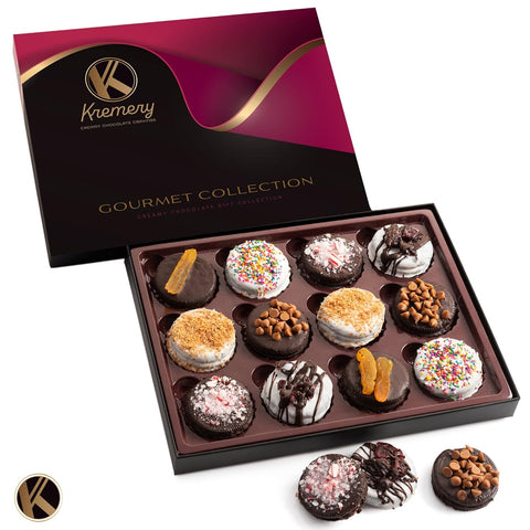 Creamy Chocolate Cravings -  Chocolate Covered Sandwich Cookies & Cream Gift Basket, in Elegant Gift Box (12 Cookies, Assorted Sweet Toppings)