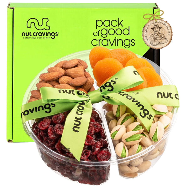 Gourmet  Treats - Dried Fruit & Mixed Nuts Gift Basket + Green Ribbon (4 Assortments)
