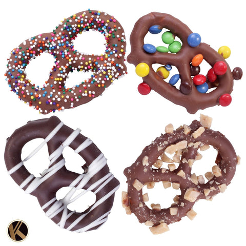 Creamy Chocolate Cravings -  Chocolate Covered Pretzel Twists Gift Basket, in Sectional Gift Box (12 Pretzels, Assorted Sweet Toppings)