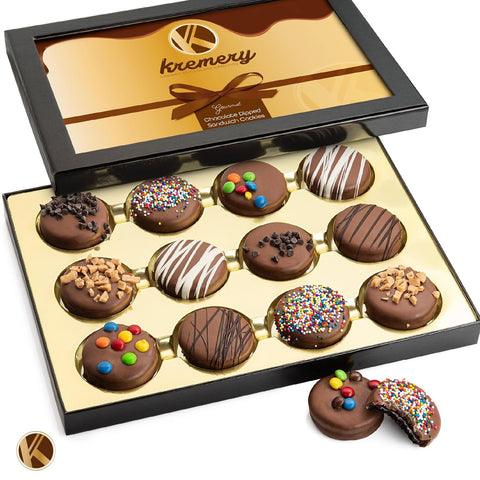 Creamy Chocolate Cravings -  Chocolate Covered Sandwich Cookies & Cream Gift Basket, in Sectional Gift Box (12 Cookies, Assorted Sweet Toppings) 
