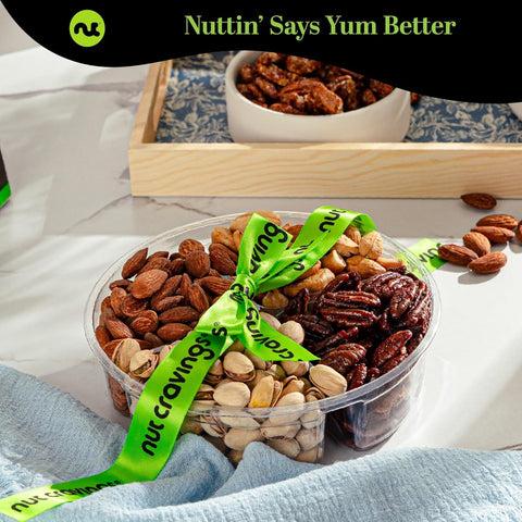 Gourmet  Treats - Mixed Nuts Gift Basket + Green Ribbon (4 Assortments)