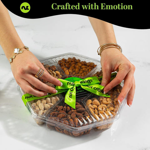 Gourmet  Treats - Mixed Nuts Gift Basket + Green Ribbon (7 Assortments, 1 LB)