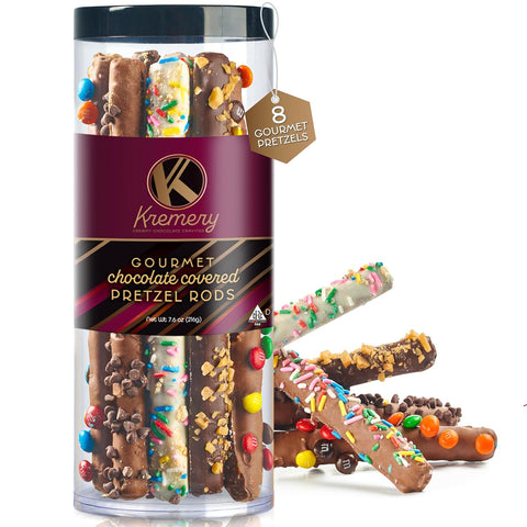 Creamy Chocolate Cravings -  Chocolate Covered Pretzel Rods Gift Basket, in Clear Tube (8 Pretzels, Assorted Sweet Toppings)