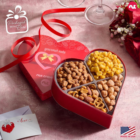 Gourmet Treats - Mixed Nuts Heart Shaped Gift Basket, Love in A Box (4 Assortments)