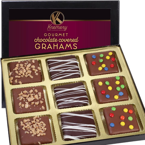 Creamy Chocolate Cravings -  Chocolate Covered Graham Crackers Cookies Gift Basket, in Sectional Gift Box (9 Grahams, Assorted Sweet Toppings)