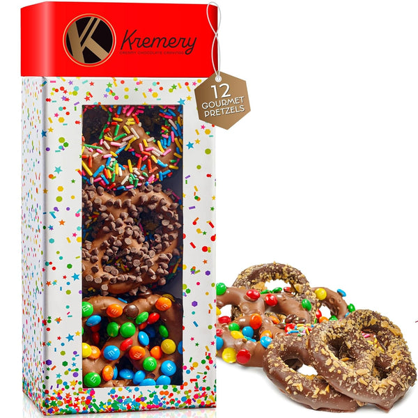 Creamy Chocolate Cravings -  Chocolate Covered Pretzel Twists Gift Basket, in Confetti Tower (12 Pretzels, Assorted Sweet Toppings)