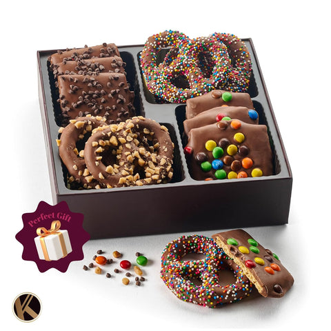 Creamy Chocolate Cravings -  Chocolate Covered Pretzel Twists & Grahams Cookies Gift Basket, in Brown Gift Box (12 Count, Assorted Sweet Toppings)