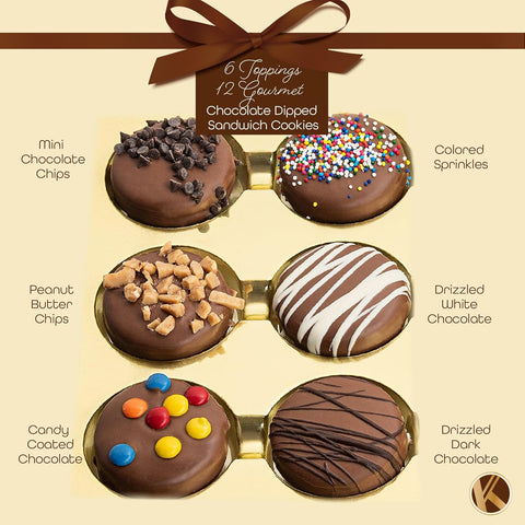 Creamy Chocolate Cravings -  Chocolate Covered Sandwich Cookies & Cream Gift Basket, in Sectional Gift Box (12 Cookies, Assorted Sweet Toppings) 
