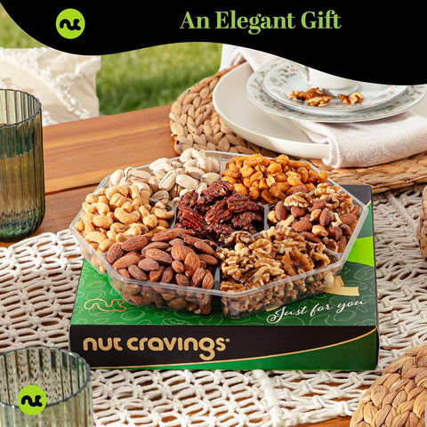 Gourmet  Treats - Mixed Nuts Gift Basket in Green Gold Box (7 Assortments, 2 LB)