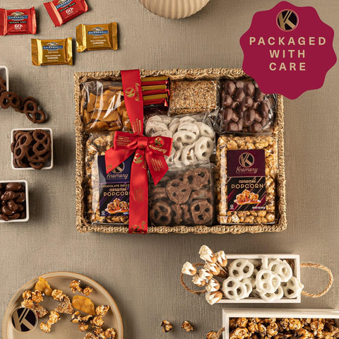 Creamy Chocolate Cravings - Covered Pretzels & Caramel Popcorn Gift Basket, in Seagrass Tray + Ribbon (Deluxe, 3.5 lbs)