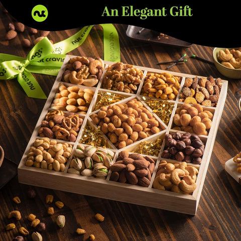 Gourmet  Treats - Mixed Nuts Gift Basket in Reusable Diamond Wooden Tray + Green Ribbon (13 Assortments)
