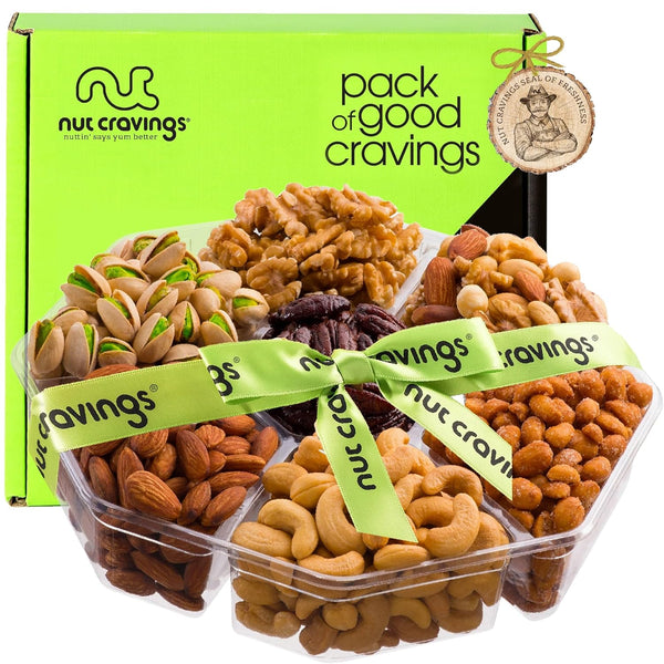 Gourmet  Treats - Mixed Nuts Gift Basket + Green Ribbon (7 Assortments, 2.2 LB)