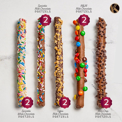 Creamy Chocolate Cravings -  Chocolate Covered Pretzel Rods Gift Basket, in Clear Tube (8 Pretzels, Assorted Sweet Toppings)
