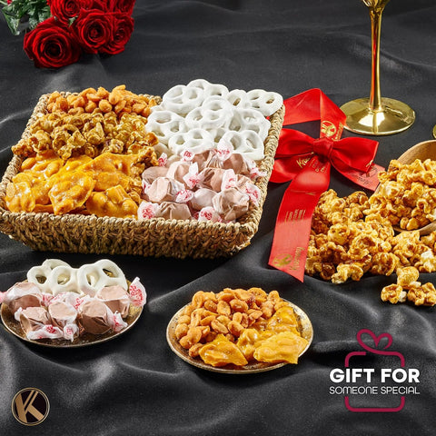 Creamy Chocolate Cravings -  Chocolate Covered Pretzels & Caramel Popcorn Gift Basket, in Seagrass Tray + Ribbon (Classic, 1.5 lbs)
