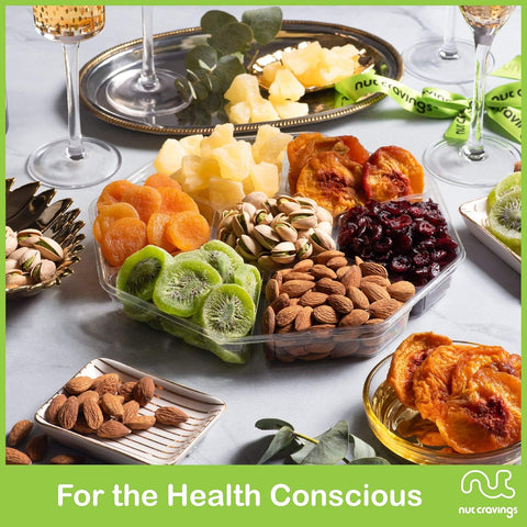 Gourmet Treats - Dried Fruit & Mixed Nuts Gift Basket + Green Ribbon (7 Assortments, 2 LB) 