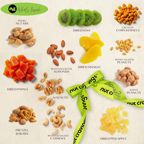 Gourmet  Treats - Dried Fruit & Mixed Nuts Gift Basket in Reusable Wooden Tray + Ribbon (12 Assortments)