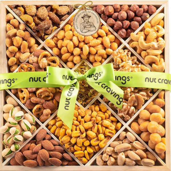 Gourmet  Treats - Mixed Nuts Gift Basket in Reusable Diamond Wooden Tray + Green Ribbon (12 Assortments)