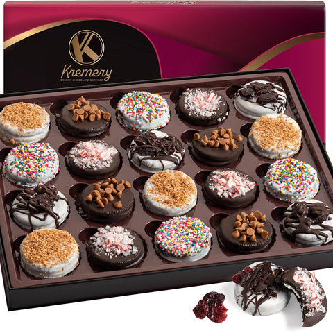 Creamy Chocolate Cravings -  Chocolate Covered Sandwich Cookies & Cream Gift Basket, in Elegant Gift Box (20 Cookies, Assorted Sweet Toppings)
