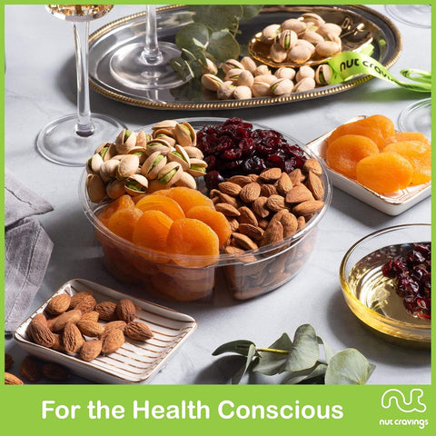 Gourmet  Treats - Dried Fruit & Mixed Nuts Gift Basket + Green Ribbon (4 Assortments)