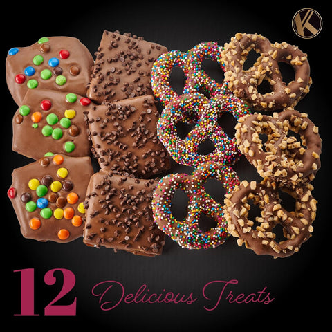 Creamy Chocolate Cravings -  Chocolate Covered Pretzel Twists & Grahams Cookies Gift Basket, in Brown Gift Box (12 Count, Assorted Sweet Toppings)