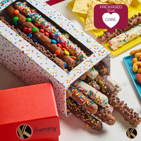 Creamy Chocolate Cravings -  Chocolate Covered Pretzel Rods Gift Basket, in Confetti Tower (10 Pretzels, Assorted Sweet Toppings)