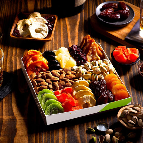 Gourmet  Treats - Dried Fruit & Mixed Nuts Gift Basket in White Gold Box (12 Assortments)