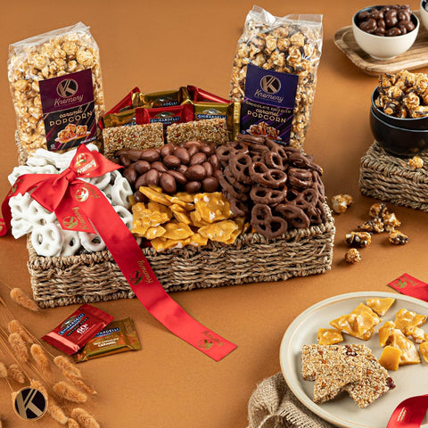 Creamy Chocolate Cravings - Covered Pretzels & Caramel Popcorn Gift Basket, in Seagrass Tray + Ribbon (Deluxe, 3.5 lbs)