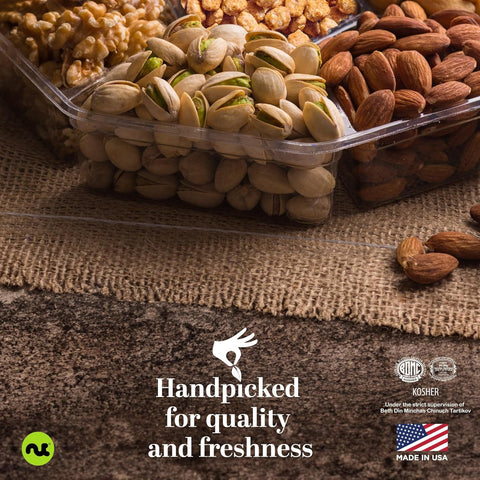 Gourmet  Treats - Mixed Nuts Gift Basket + Green Ribbon (7 Assortments, 1 LB)