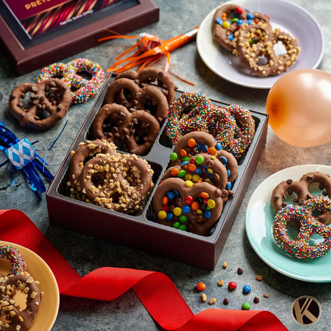 Creamy Chocolate Cravings -  Chocolate Covered Pretzel Twists Gift Basket, in Brown Gift Box (12 Pretzels, Assorted Sweet Toppings)